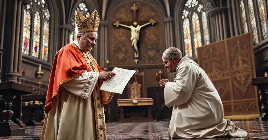 Antipope John XXIII presenting a letter to Archbishop Antonio Caggiano in a grand cathedral setting.