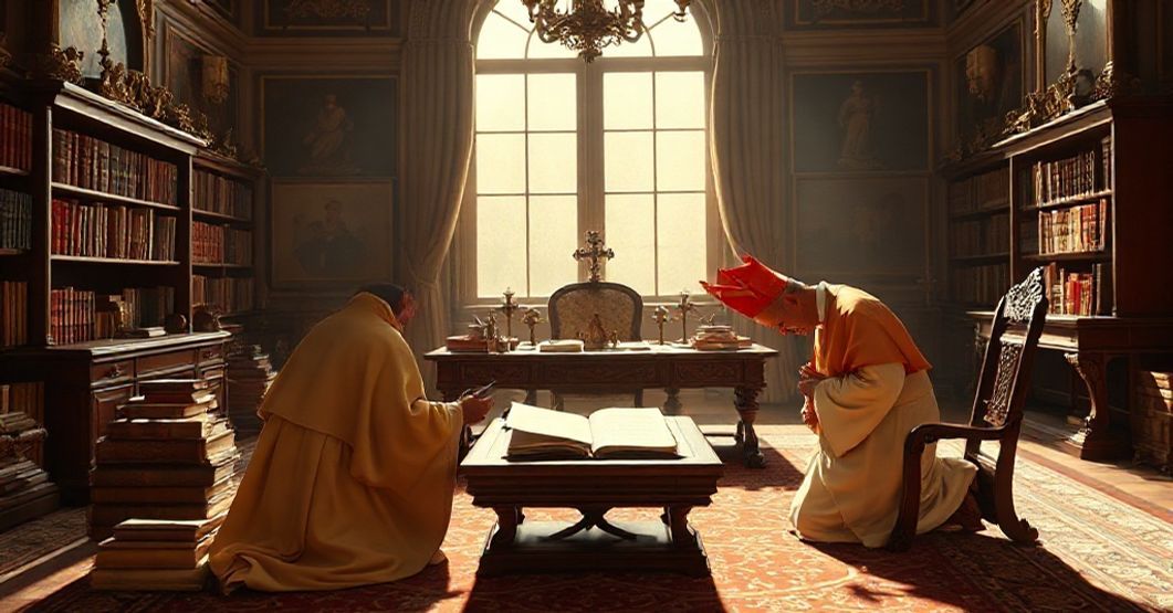 A traditional Catholic study with antipope John XXIII's letter to Cardinal Tisserant, highlighting earthly honors over spiritual values.