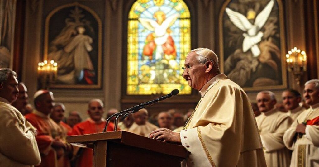 Antipope John XXIII delivering his Pentecost radiomessage in 1963, surrounded by cardinals and bishops in a Vatican room adorned with traditional Catholic iconography.