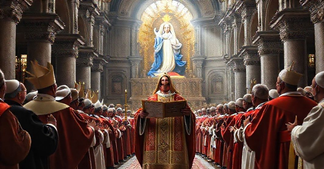 Solemn proclamation by antipope John XXIII in a grand cathedral with bishops and clergy presenting the document 'Salutare Sidus', depicting the Blessed Virgin Mary as the Immaculate Conception.