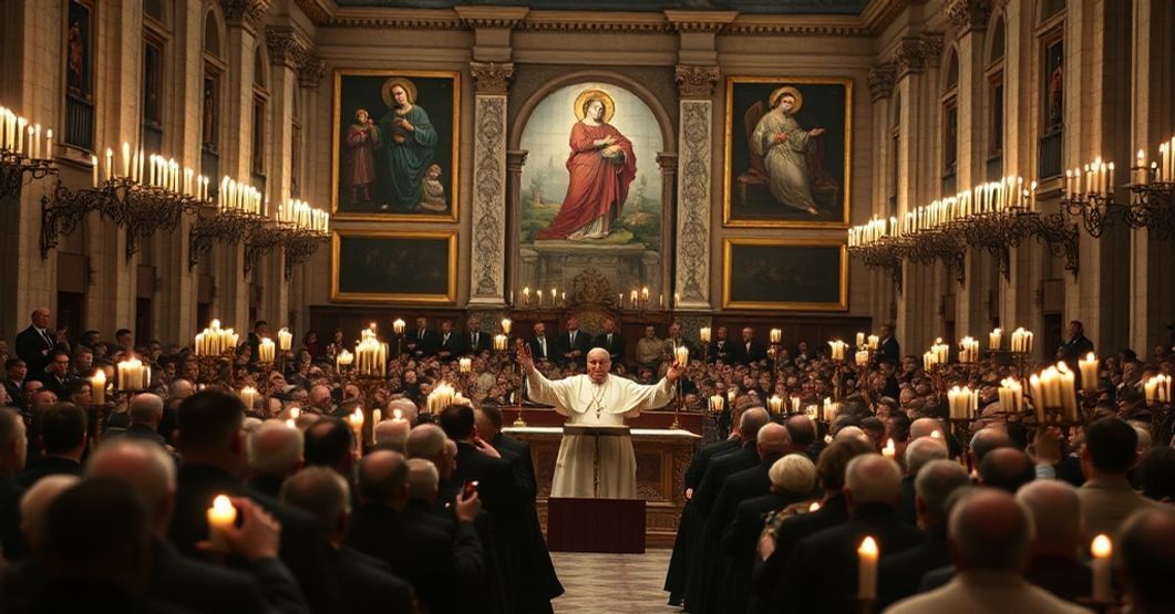 A solemn candlelit Vatican hall during the closing of the first session of the Second Vatican Council on December 8, 1962. Antipope John XXIII addresses a gathered assembly of bishops and civil representatives. The scene is framed with Marian iconography but contrasts with modernist undertones.