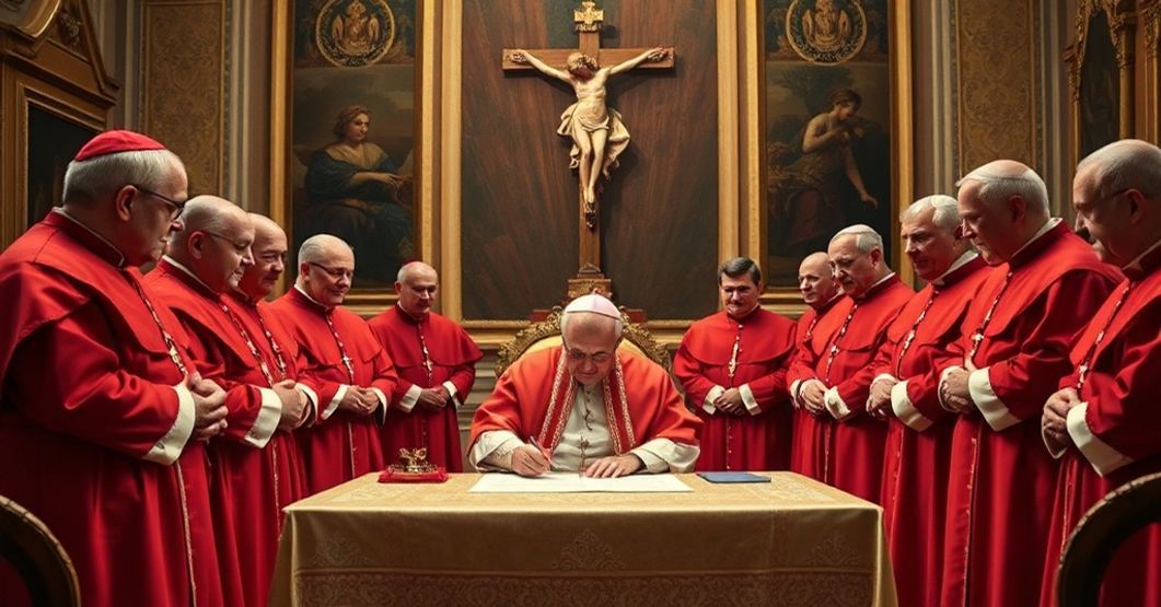 A solemn scene depicting the signing of the Apostolic Constitution 'Lagosensis' by 'John XXIII' in a Vatican room, surrounded by cardinals in red robes.