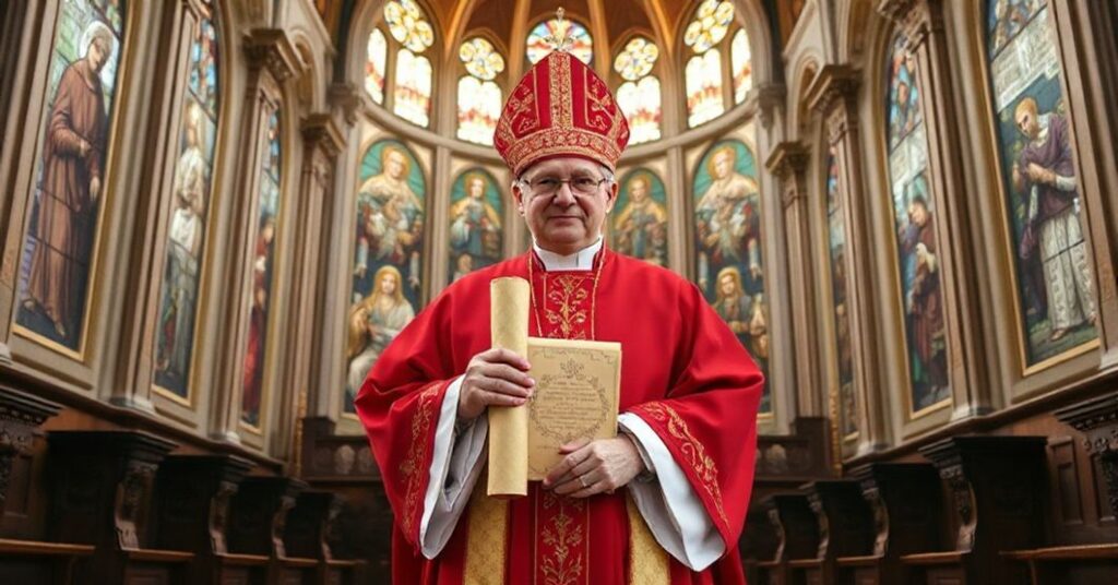 A Catholic bishop holds the Apostolic Constitution 'Mindoniensis (Ferrolensis)' in the Church of St. Julian in Ferrol, Spain.