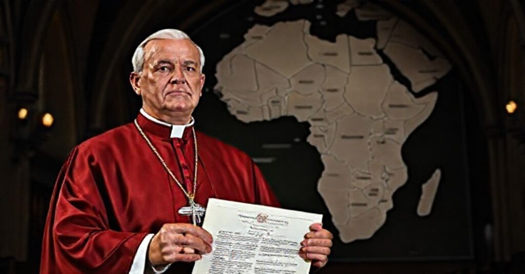 A Catholic bishop in traditional vestments holds a papal decree establishing the Apostolic Delegation of Mediae Africae Occidentalis in a reverent church setting.
