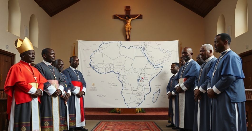 The Illusion of Expansion: The Apostolic Vicariate of Luebo A solemn scene depicting the Apostolic Vicariate of Luebo in the Belgian Congo, with indigenous clergy and missionaries overseeing a territorial division under John XXIII.