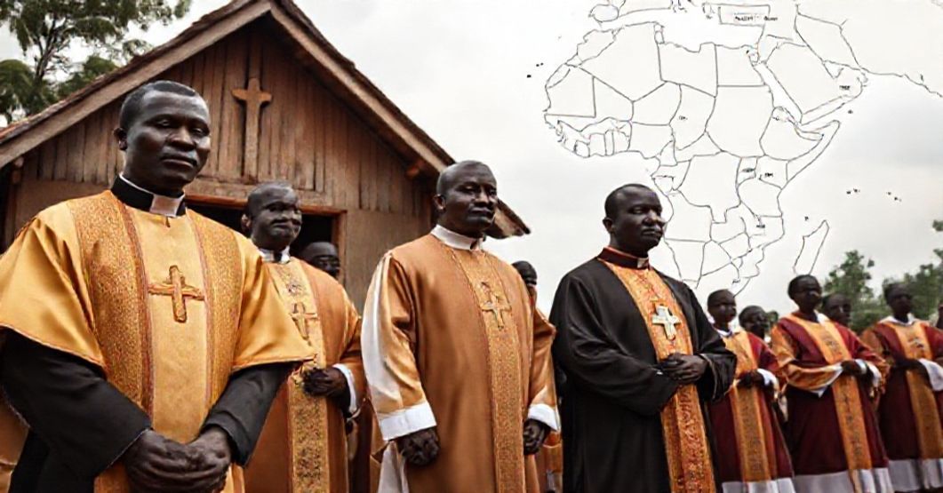 A solemn Catholic ceremony in the Belgian Congo, featuring indigenous clergy in traditional vestments before a wooden church with a map of Africa and marked borders of the Apostolic Vicariate of Goma.