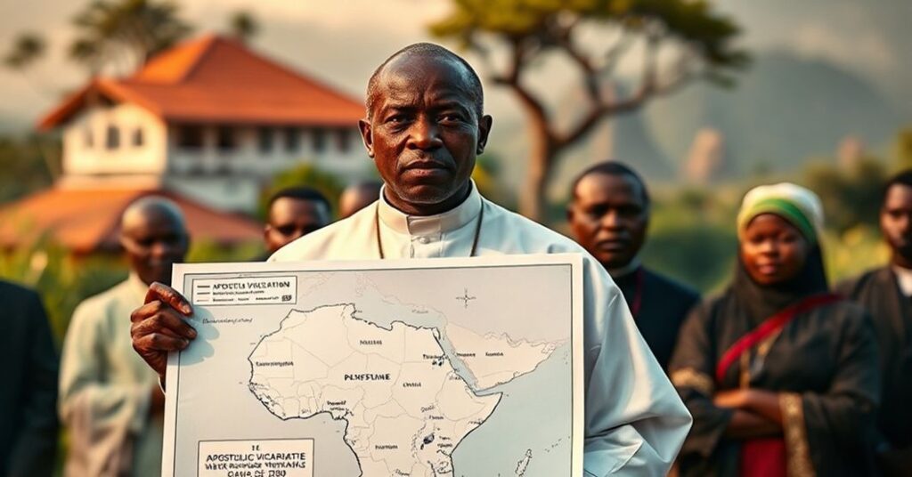 A solemn Catholic priest in liturgical vestments holds a map of the newly erected Apostolic Vicariate of Goma, surrounded by indigenous clergy in a lush African landscape.
