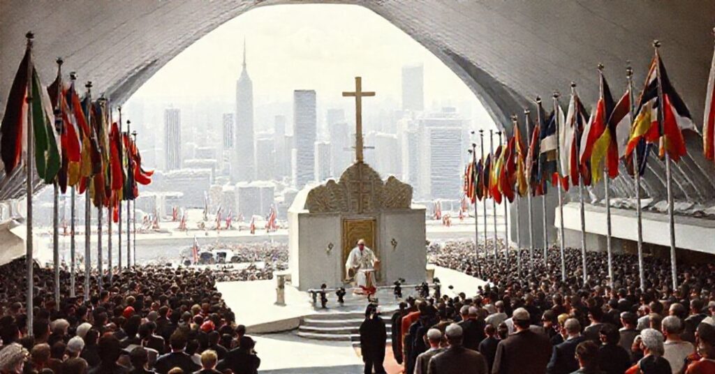 A traditional Catholic depiction of the inauguration of a building for the so-called Apostolic See at the New York World's Fair in 1962, highlighting technocratic optimism and global cooperation.