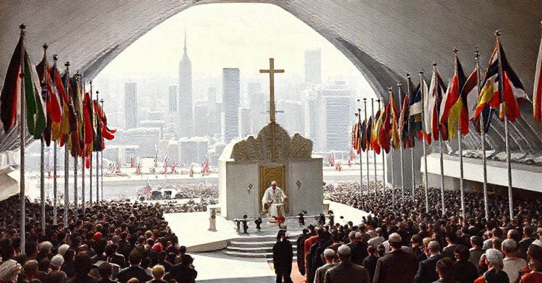 The Apostolic See at the New York World's Fair (1962) A traditional Catholic depiction of the inauguration of a building for the so-called Apostolic See at the New York World's Fair in 1962, highlighting technocratic optimism and global cooperation.