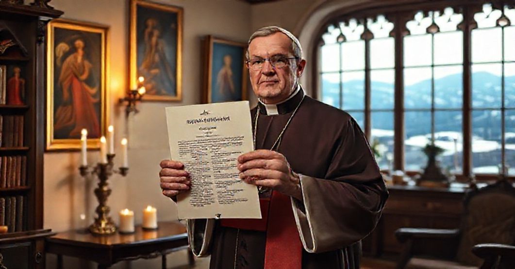 A Catholic bishop in traditional attire holding a document titled Apostolici muneris in a reverent study with a Nordic landscape outside.