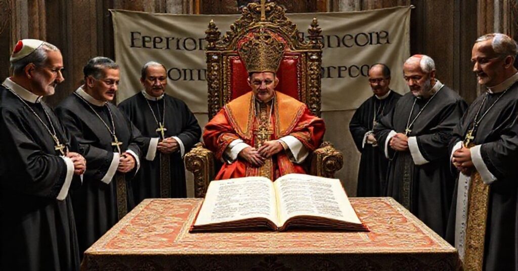 A traditional Catholic depiction of antipope John XXIII issuing Apostolici Muneris to German bishops Frings, Wendel, and Doepfner in the Vatican.