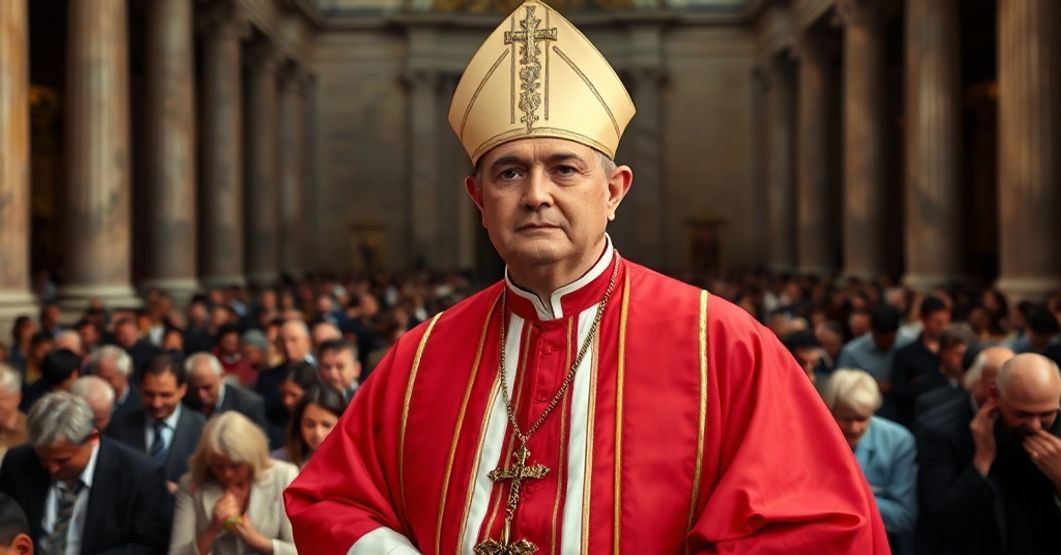 Portrait of Archbishop Alfonso Castaldo in traditional episcopal regalia before a historic basilica in Naples, surrounded by a crowd of faithful.