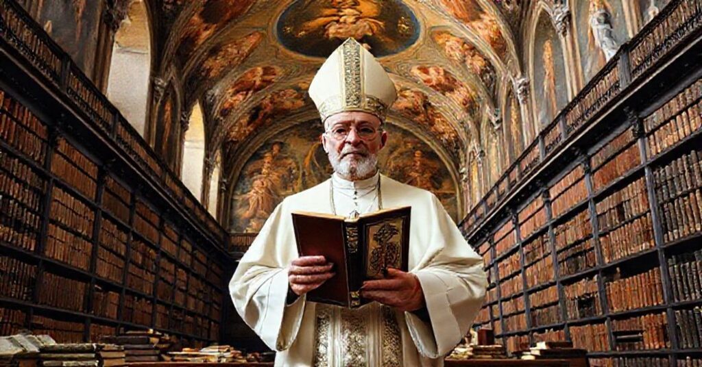 The Archbishop of Milan stands in the Biblioteca Ambrosiana surrounded by sacred texts and traditional Catholic iconography.