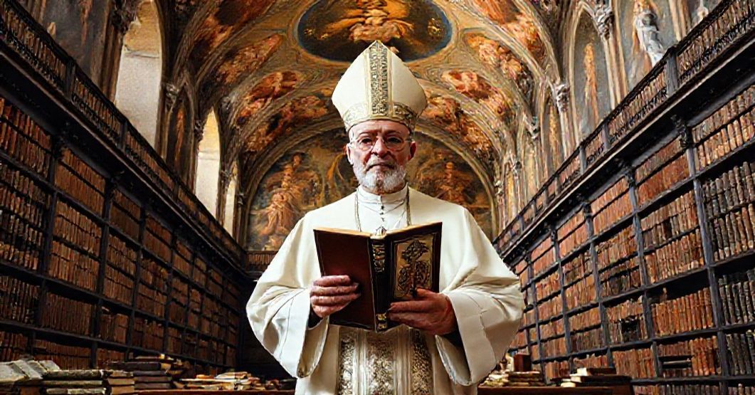 The Archbishop of Milan stands in the Biblioteca Ambrosiana surrounded by sacred texts and traditional Catholic iconography.