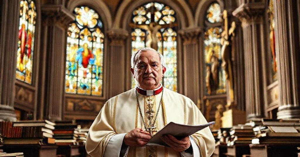 Archbishop Antonio Caggiano in a traditional Catholic cathedral, symbolizing his administrative work and the theological implications of John XXIII's letter.