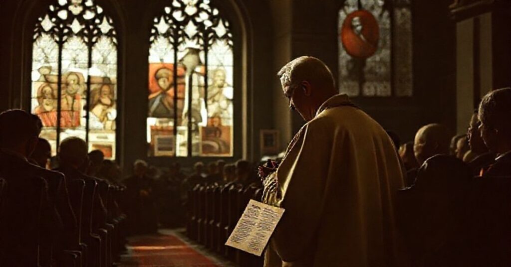 Archbishop Josef Beran praying in a dimly lit church surrounded by suffering faithful under communist oppression.
