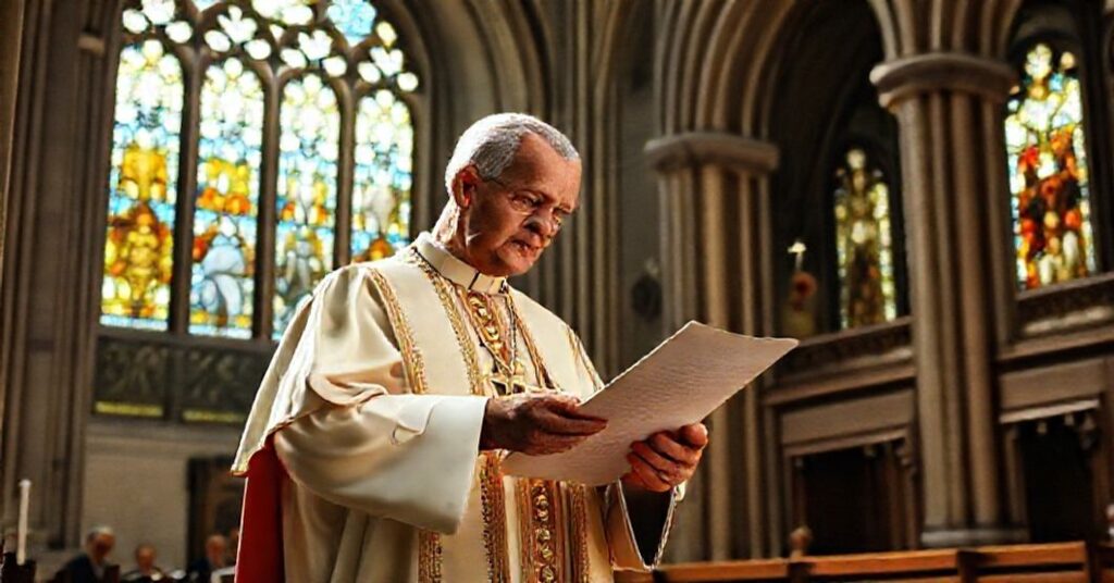 Archbishop Jaime de Barros Câmara receiving a papal letter from John XXIII in a grand cathedral, surrounded by liturgical symbols.