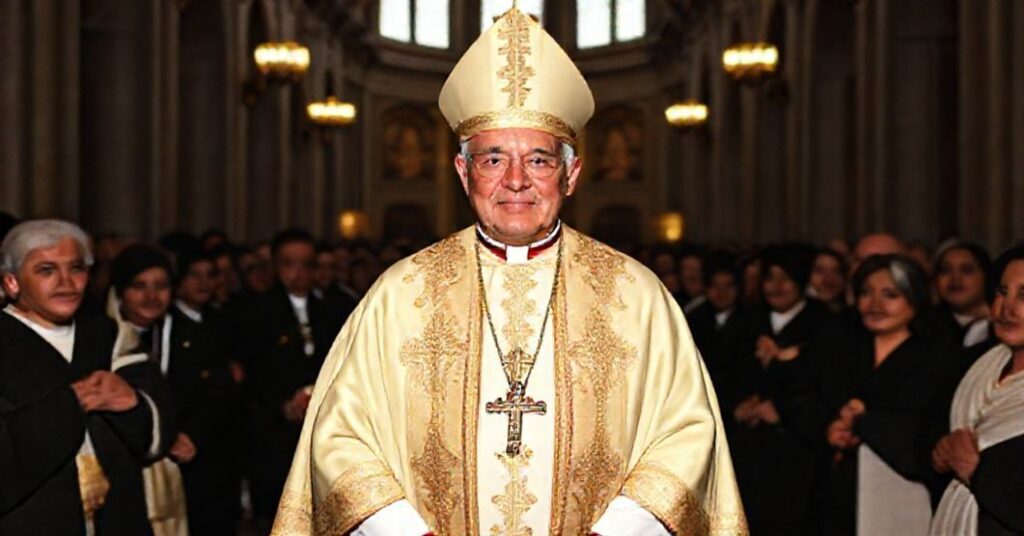 Archbishop Carlos Maria de la Torre in traditional vestments during his 50th episcopal anniversary celebration in Quito's cathedral.