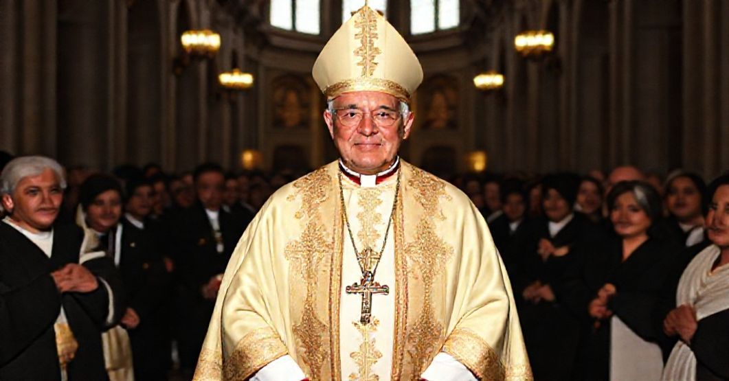 Archbishop Carlos Maria de la Torre in traditional vestments during his 50th episcopal anniversary celebration in Quito's cathedral.