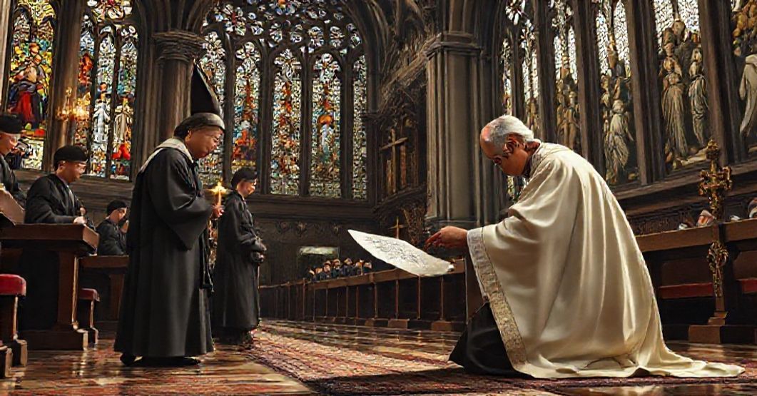 Archbishop Tatsuho Doi kneeling in a grand cathedral receiving a letter from John XXIII, symbolizing the conciliar apostasy.