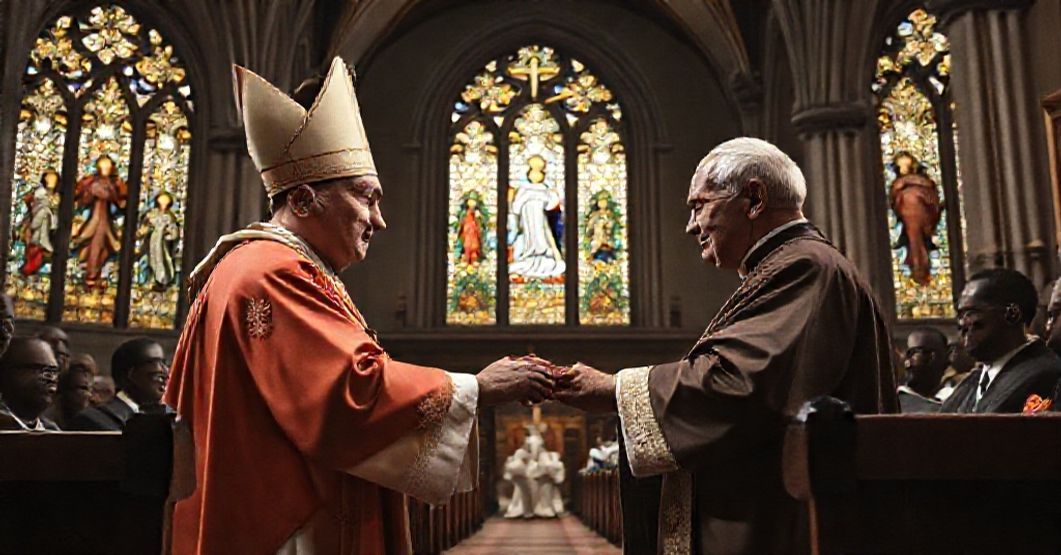 Archbishop Jean-Jérôme Adam receiving the pallium from Marcel Lefebvre in Libreville, 1958. A solemn moment marking the establishment of the new ecclesiastical province of Libreville amidst traditional Catholic architecture.