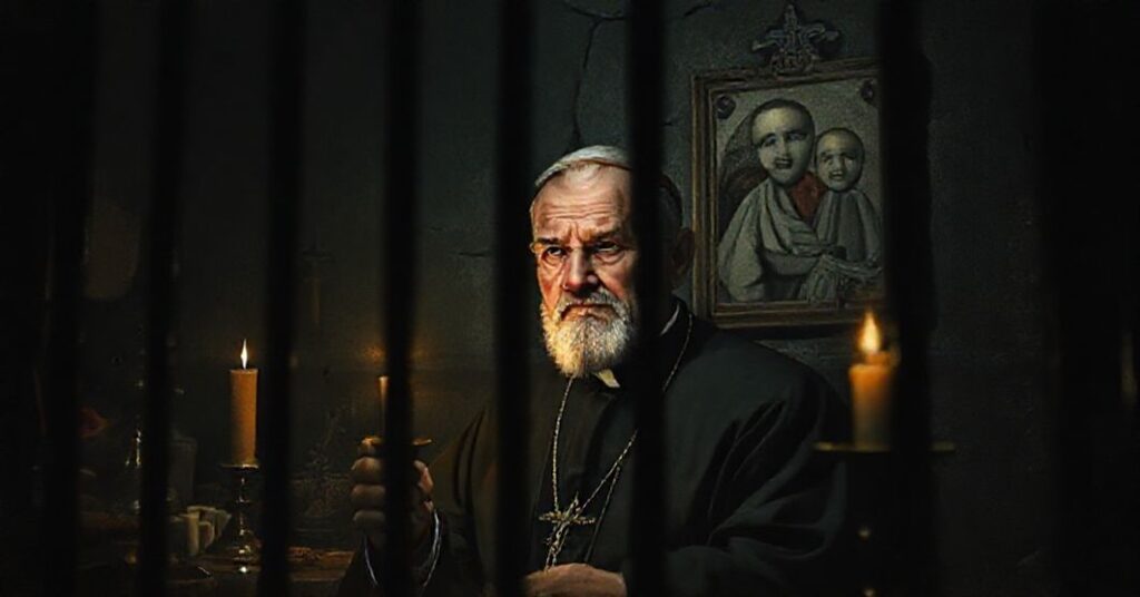 Archbishop Joseph Beran in a prison cell, symbolizing persecution of the Church under communism with a traditional Catholic theme.