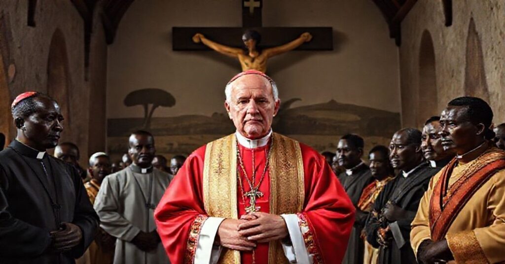 Portrait of Archbishop Marcel Lefebvre with Redemptorist missionaries and African faithful in a historic missionary setting.