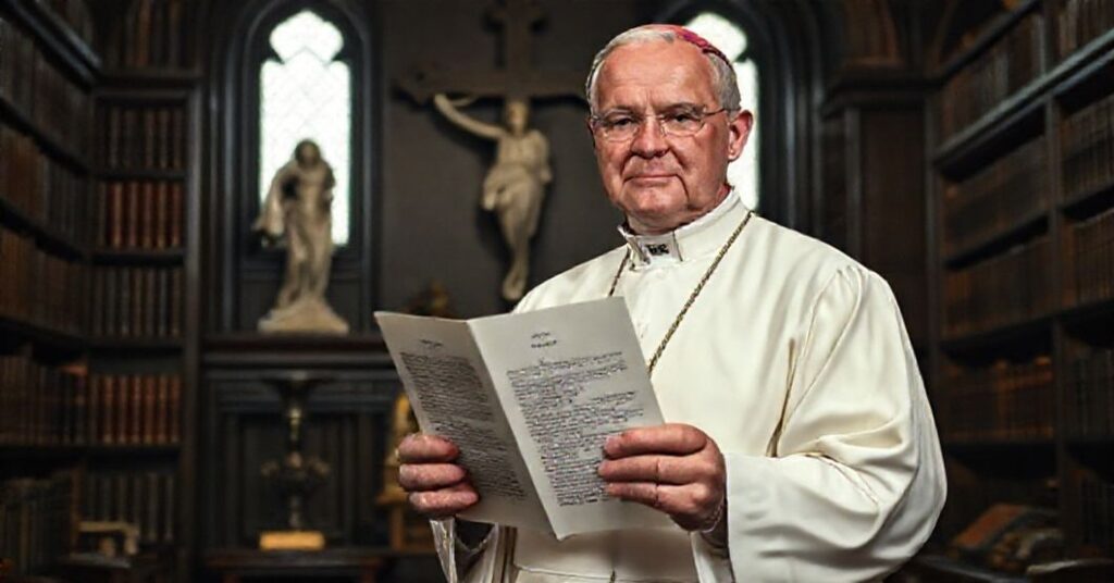 Archbishop Martin John O'Connor holding the papal letter 'Nostra Patris' in a historic church library, symbolizing the battle against modern media's influence on Catholic values.