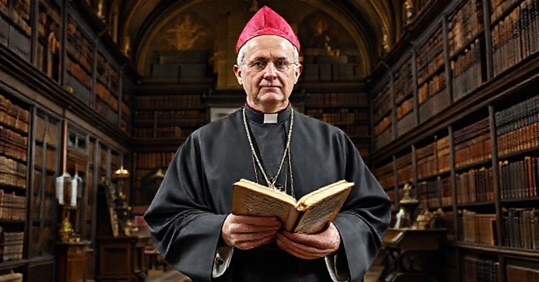 Archbishop of Milan and the Ambrosian Library - A Catholic Heritage Archbishop of Milan in traditional robes standing in front of the Ambrosian Library with a historic manuscript.
