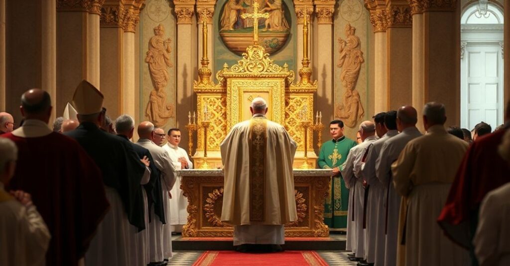 Archbishop Francis Spellman presiding over a Eucharistic Congress in Guatemala, surrounded by bishops and civil authorities, with a focus on the Eucharist and themes of social harmony.