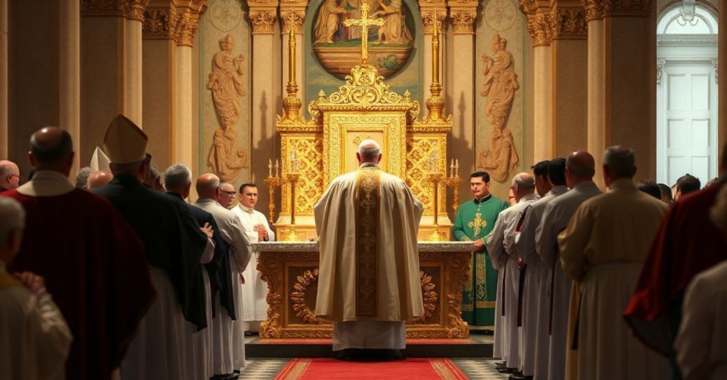 Archbishop Francis Spellman presiding over a Eucharistic Congress in Guatemala, surrounded by bishops and civil authorities, with a focus on the Eucharist and themes of social harmony.