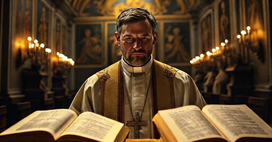 A solemn portrait of Augustin Bea in a Vatican chapel, surrounded by documents including 'Cum omne', reflecting the doctrinal tensions of the pre-Vatican II era.