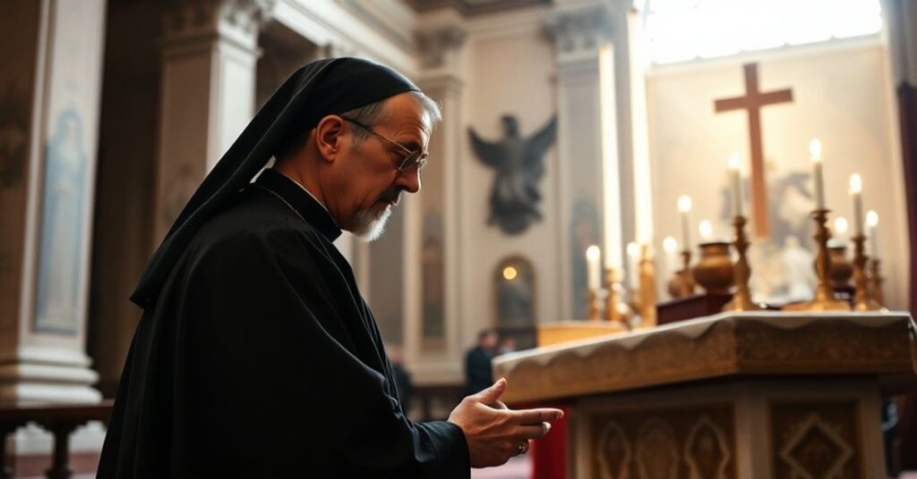 An Augustinian Canon kneeling in prayer before an ancient altar in the Lateran Basilica, symbolizing devotion and the enduring values of the Order of Canons Regular of St. Augustine.