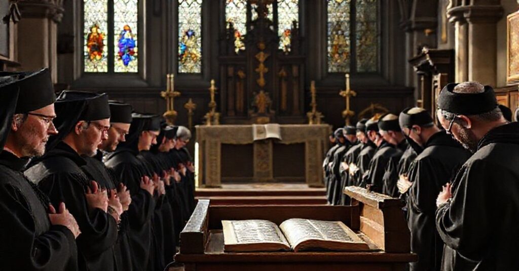 Augustinian canons in traditional habits praying in a historic chapel with an illuminated manuscript of Caritatis unitas.