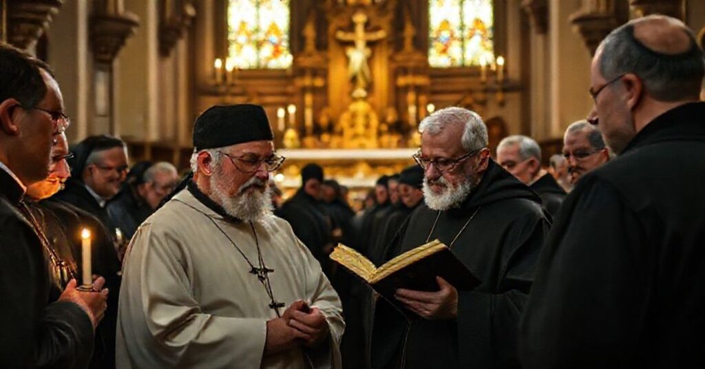 A group of Augustinian Canons Regular in traditional habits praying in a historic Catholic church, emphasizing the supernatural and liturgical ends of religious life.
