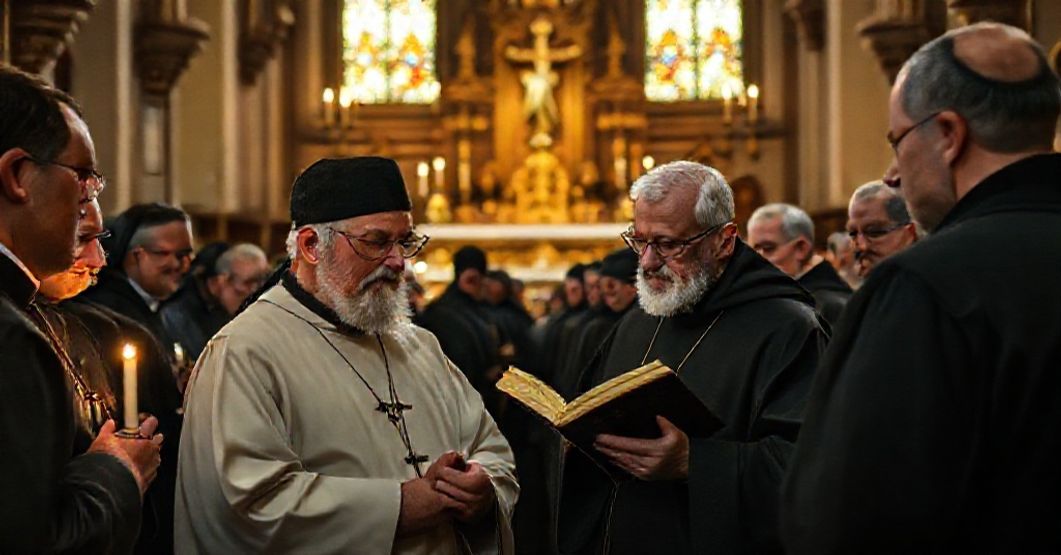 A group of Augustinian Canons Regular in traditional habits praying in a historic Catholic church, emphasizing the supernatural and liturgical ends of religious life.