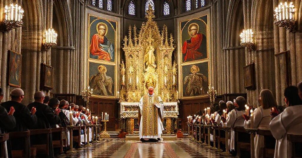 Catholic priest in traditional vestments at Lyon Cathedral with martyr icons and missionary group in prayer.