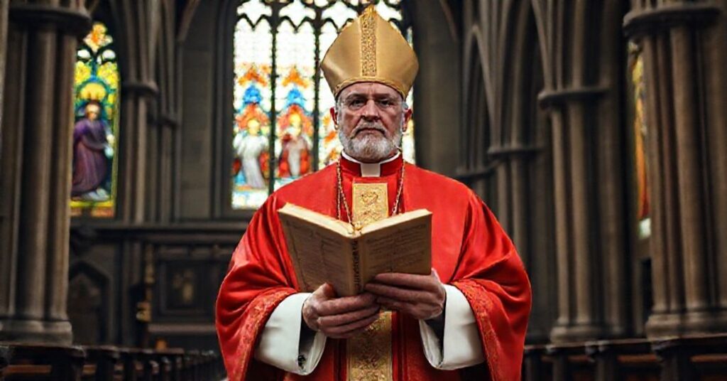 A solemn depiction of a traditional Catholic bishop in Avignon, holding a manuscript of Duplicis Anniversariae, in a historic church setting.