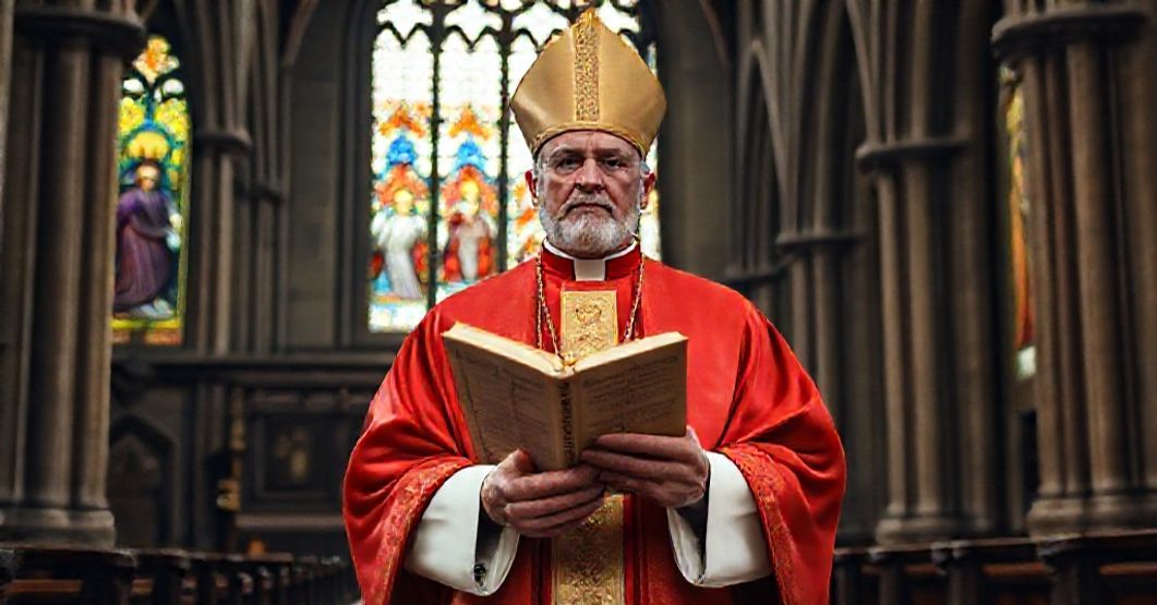 Avignon Echoes in the Age of Usurpation - A Traditional Catholic Depiction A solemn depiction of a traditional Catholic bishop in Avignon, holding a manuscript of Duplicis Anniversariae, in a historic church setting.