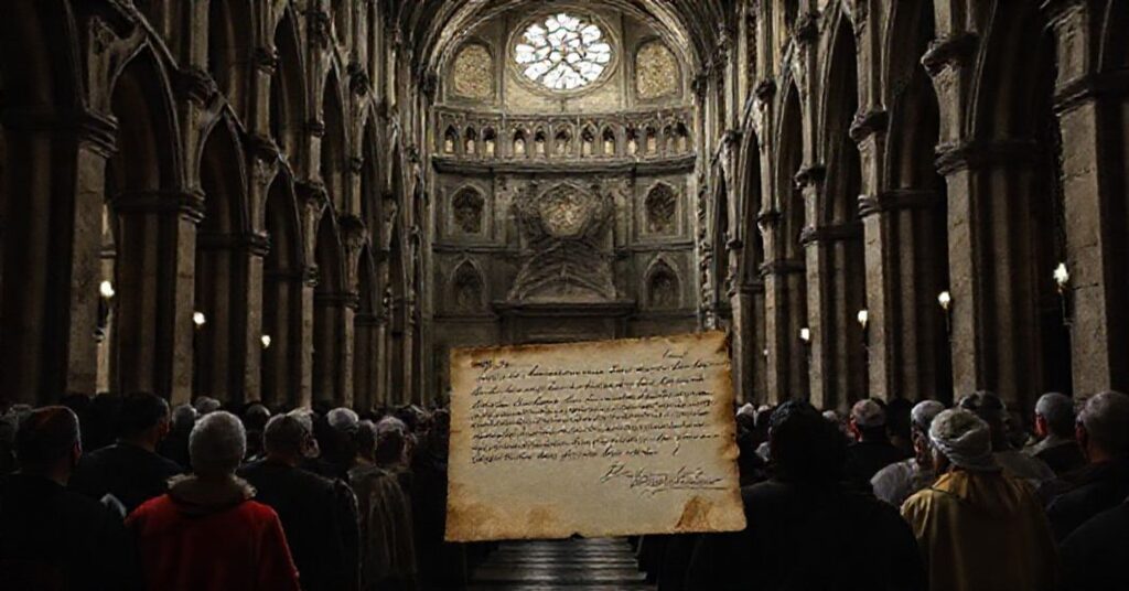 A somber image of Avignon's cathedral with traditional Catholics in prayer, reflecting on the 600th anniversary of Innocent VI and Blessed Urban V, juxtaposed with a historic letter signed by John XXIII.