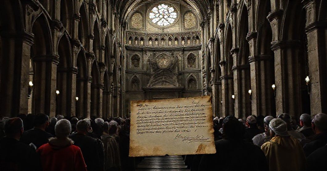 A somber image of Avignon's cathedral with traditional Catholics in prayer, reflecting on the 600th anniversary of Innocent VI and Blessed Urban V, juxtaposed with a historic letter signed by John XXIII.