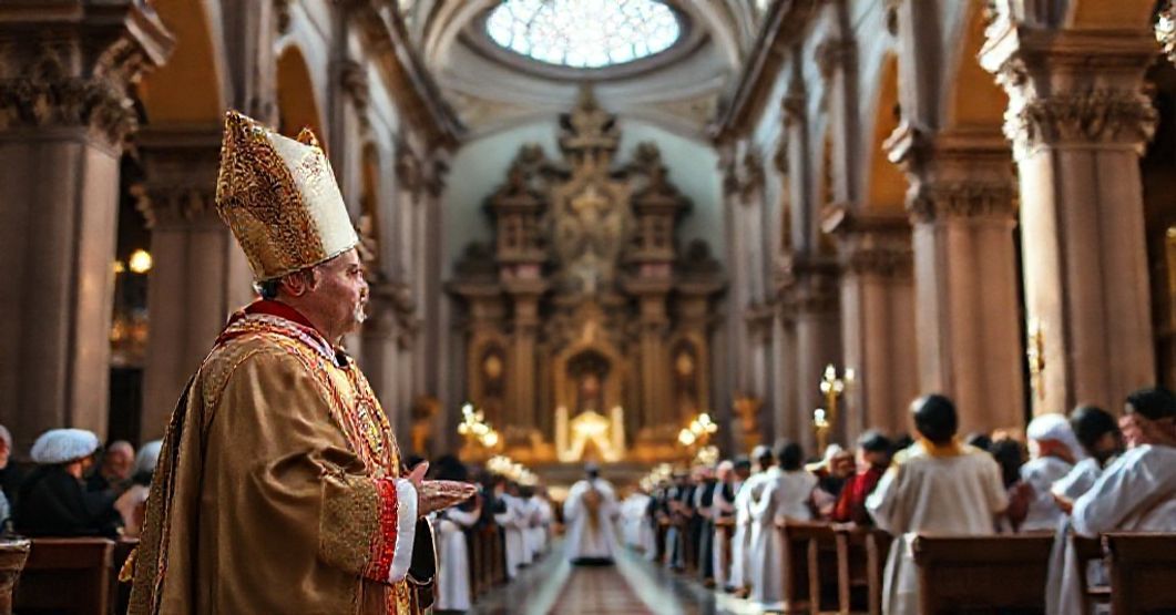A historic baroque cathedral in Ayacucho, Peru, elevated to a Minor Basilica, with a priest in traditional vestments and devout Catholics participating in a solemn Mass.