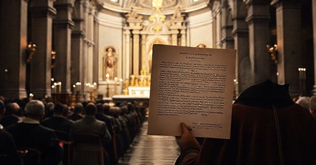 A solemn image of the Basilica of the Holy Apostles in Rome, highlighting the altars of St James the Less and St Philip. Devout Catholics in traditional attire pray amidst a scene that contrasts sacred tradition with the subversive undertones of John XXIII's 1962 letter 'Apostolorum choro', illustrating the tension between unchanging Catholic doctrine and the conciliar revolution.