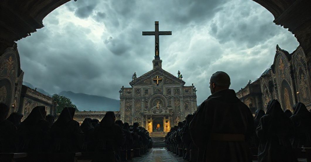 Basilica of the Holy Cross of the Valley of the Fallen with Benedictine monks praying in a dimly lit underground chapel.