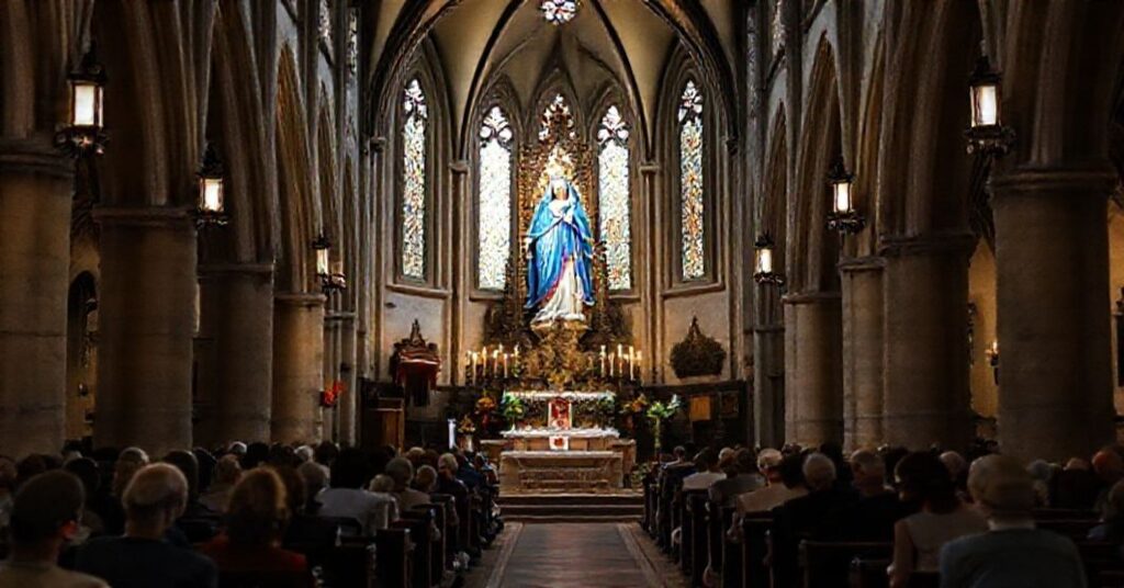 A traditional Catholic church interior depicting the Basilica Minor of Notre Dame de Joie in Pontivy, adorned with Gothic architecture and a Marian statue, surrounded by faithful kneeling in prayer.