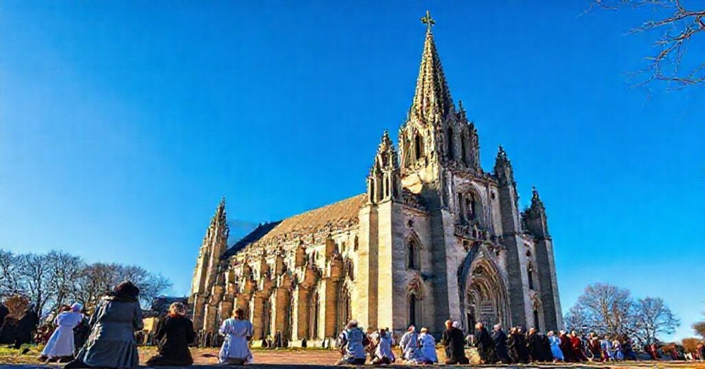 A solemn image of the Basilica of Notre Dame de Joie in Pontivy, France, depicting pilgrims in traditional attire praying before the Gothic architecture on a crisp autumn day.