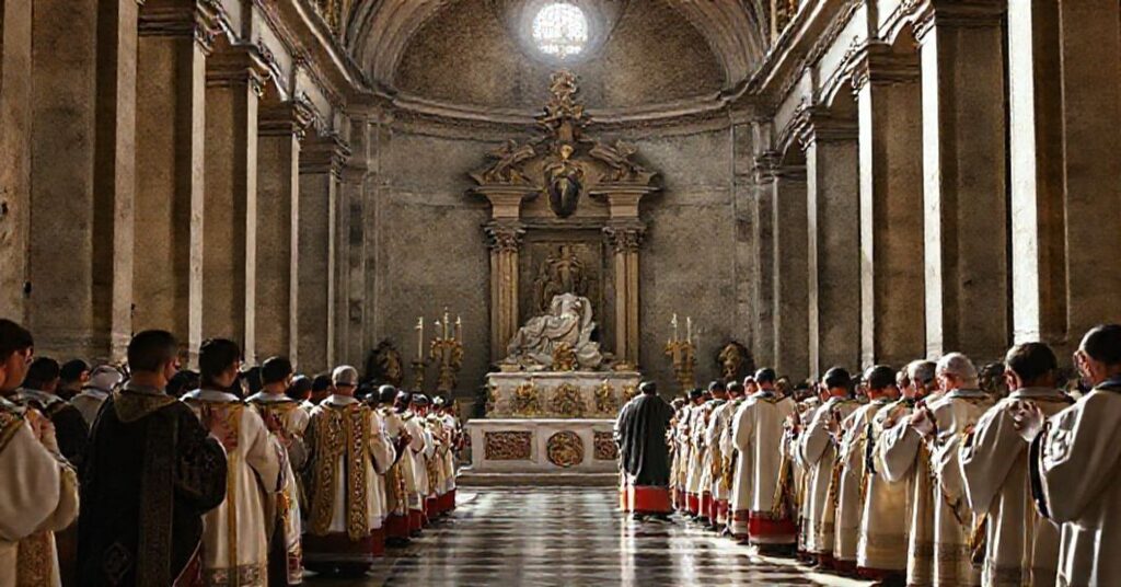 A reverent depiction of the Basilica of Saint Agnes Outside the Walls during a solemn Roman stational liturgy, highlighting the traditional devotion to martyrs and the historical significance of the site.