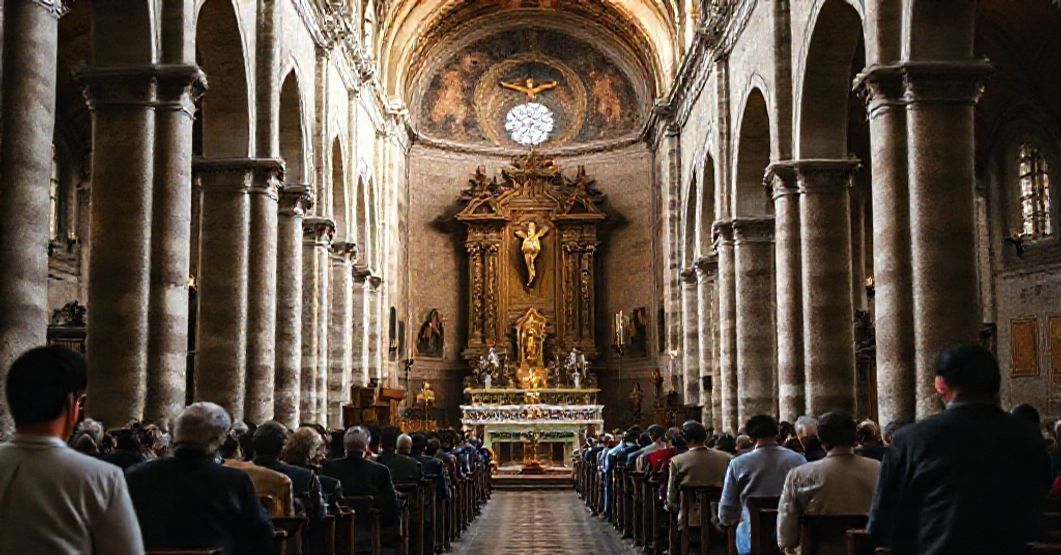 Interior view of the historic church of St. Dominic in Arezzo, Italy, showcasing its medieval architecture and sacred art, including a Cimabue crucifix.