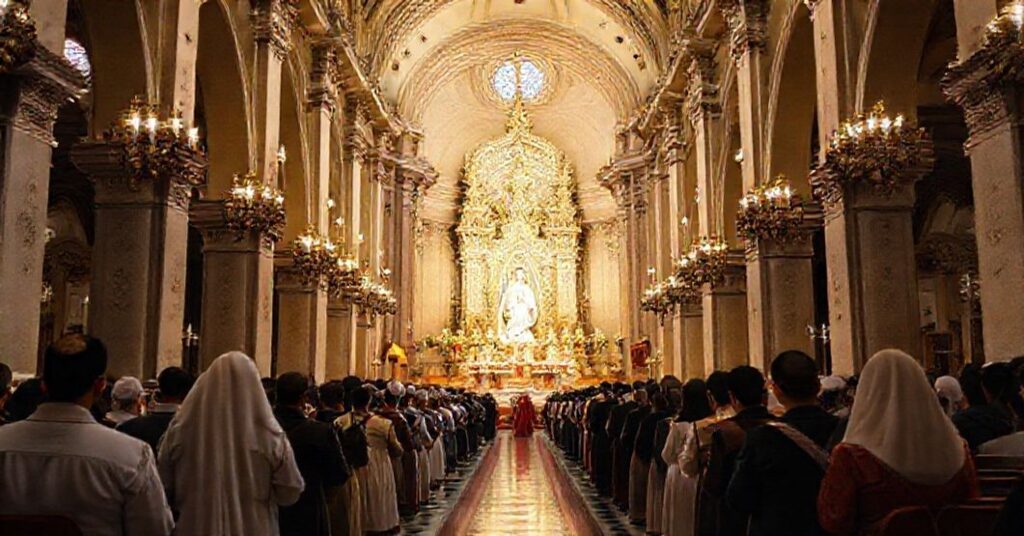 The Basilica of Our Lady of Perpetual Help in Valencia, Venezuela, during a traditional Catholic procession with faithful devotees praying before the Marian shrine.