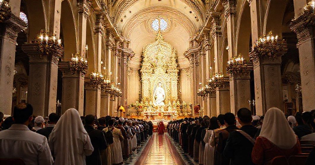 Basilica of Our Lady of Perpetual Help - Traditional Catholic Devotion in Valencia The Basilica of Our Lady of Perpetual Help in Valencia, Venezuela, during a traditional Catholic procession with faithful devotees praying before the Marian shrine.